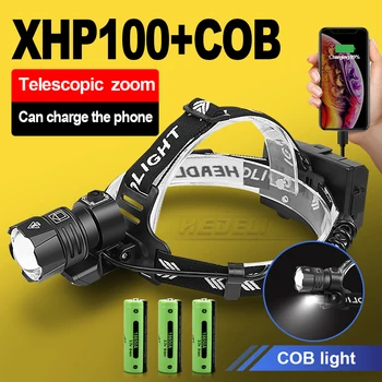 XHP100+COB Led Far Far USB Reîncărcabilă Zoom Capul lumină 18650 XHP 90 lanternă puternică lampă de Cap rezistent la apa lanterna