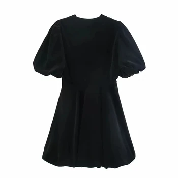 Za 2020 Vintage De Catifea Neagra Rochie Mini De Moda Pentru Femei V-Gât Scurt Puff Maneca Rochie De Femeie Voluminos Tiv Drăguț Rochii Elegante