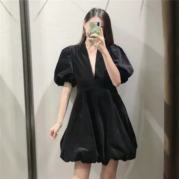 Za 2020 Vintage De Catifea Neagra Rochie Mini De Moda Pentru Femei V-Gât Scurt Puff Maneca Rochie De Femeie Voluminos Tiv Drăguț Rochii Elegante