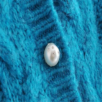 Za Femei Perla Buton Pompoms Albastru Cardigan Pulover 2020 Maneca Lunga Epocă De Iarnă Tricotate De Sus Feminin Chic Cardigans Loose