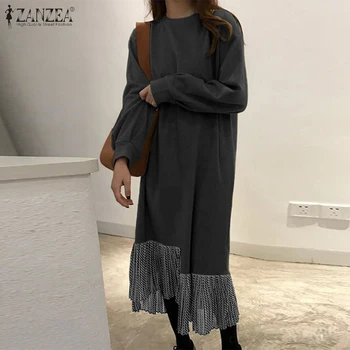 ZANZEA Moda Mozaic Rochii Lungi pentru Femei Toamna Tricou Rochie coreeană Puff Mâneci Vestidos Casual O de Gât Caftan Halat 5XL