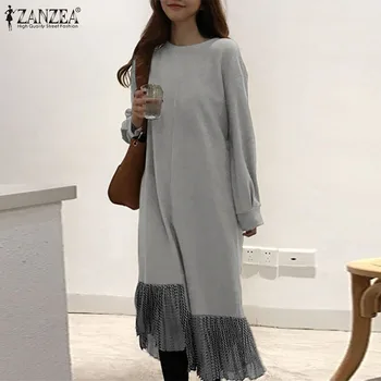 ZANZEA Moda Mozaic Rochii Lungi pentru Femei Toamna Tricou Rochie coreeană Puff Mâneci Vestidos Casual O de Gât Caftan Halat 5XL