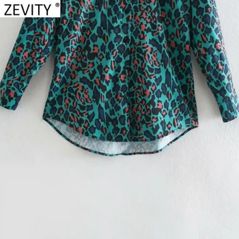 Zevity 2021 Femei Vintage Green Leopard Print Digital Halat Bluza Office Doamnelor Pieptul de Afaceri Tricou Chic Blusas Topuri LS7476