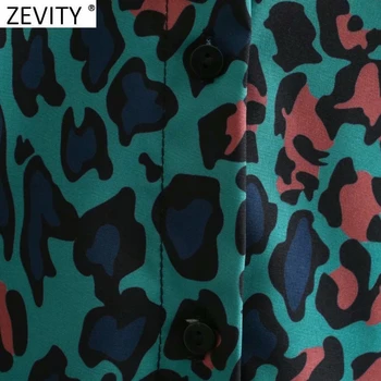 Zevity 2021 Femei Vintage Green Leopard Print Digital Halat Bluza Office Doamnelor Pieptul de Afaceri Tricou Chic Blusas Topuri LS7476