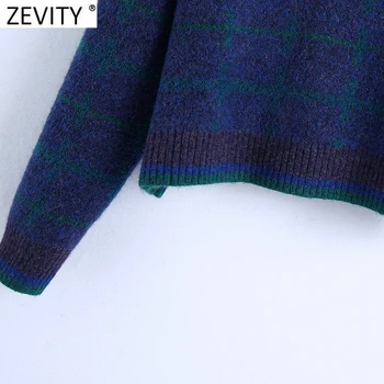 Zevity Femei De Moda Rândul Său, În Jos Guler Mozaic Carouri Liber Casual Pulover Tricotat Feminin Chic Cu Maneci Lungi Pulovere Topuri S574