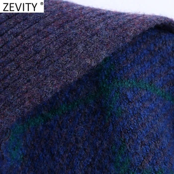 Zevity Femei De Moda Rândul Său, În Jos Guler Mozaic Carouri Liber Casual Pulover Tricotat Feminin Chic Cu Maneci Lungi Pulovere Topuri S574